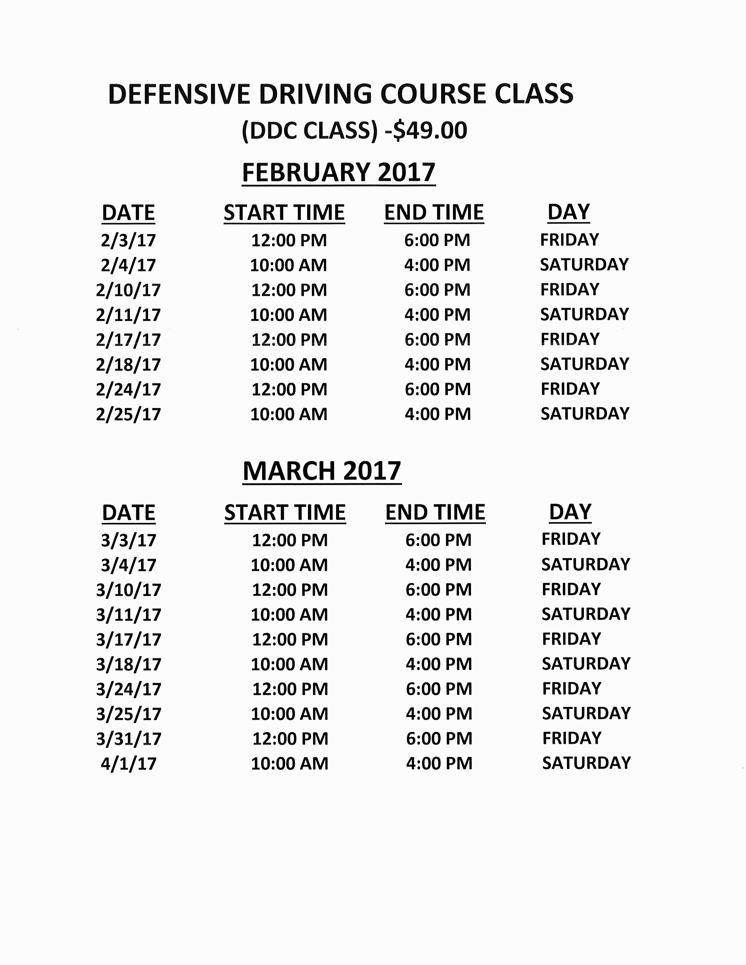 defensive driving schedule Image Driving School